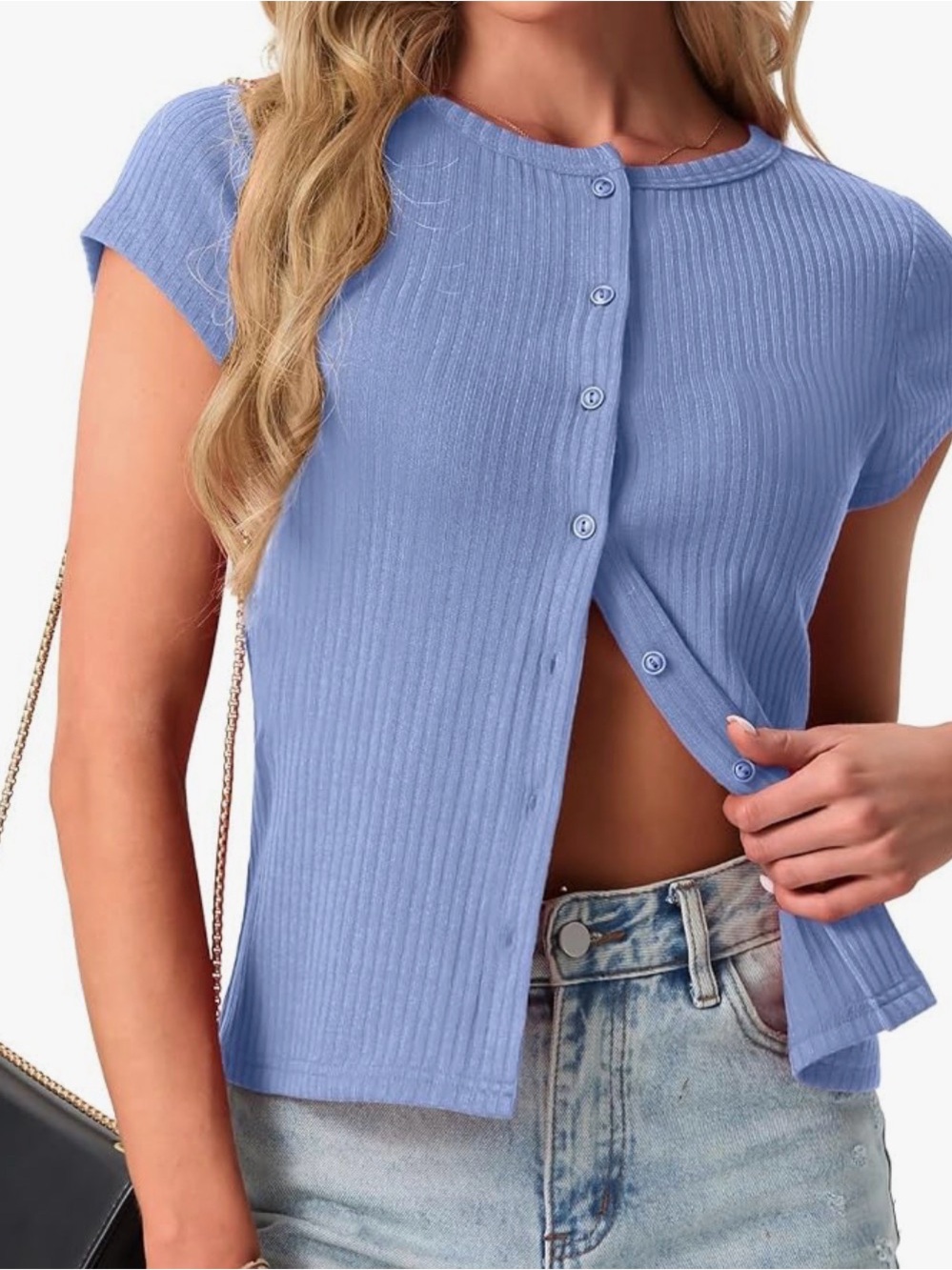 Ribbed Cap Sleeve Button-Front Top - Light Blue